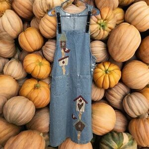 Vintage J.L.N.Y. Denim Bird House Overall Dress Size Medium whimsical teacher